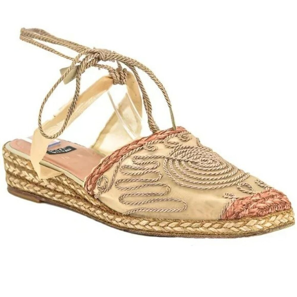 Stuart Weitzman Camel Tan Embroidered Mesh Lace Slingback Espadrilles Sandals 8